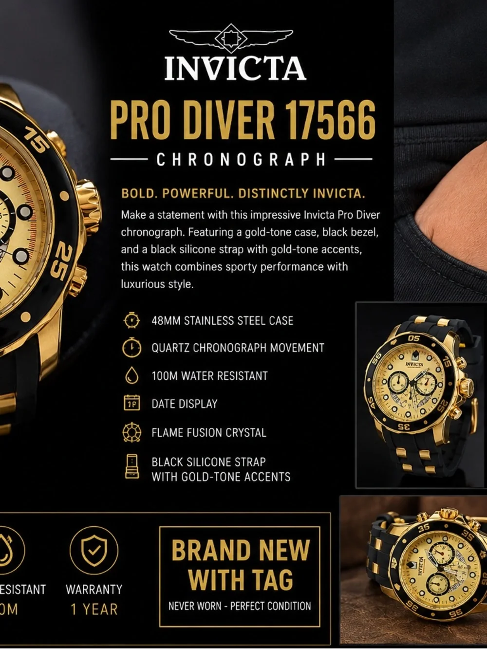 Invicta Gold and Black Pro Diver Chronograph Watch
